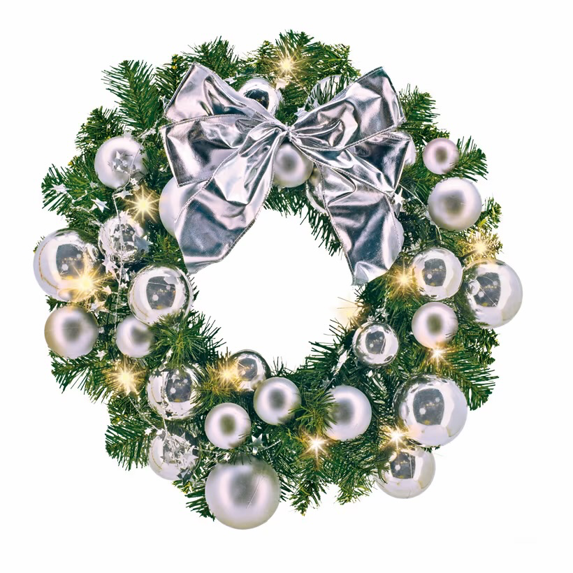Couronne de sapin, Ø 45cm, décoré, 30 LED, chaud/blanc