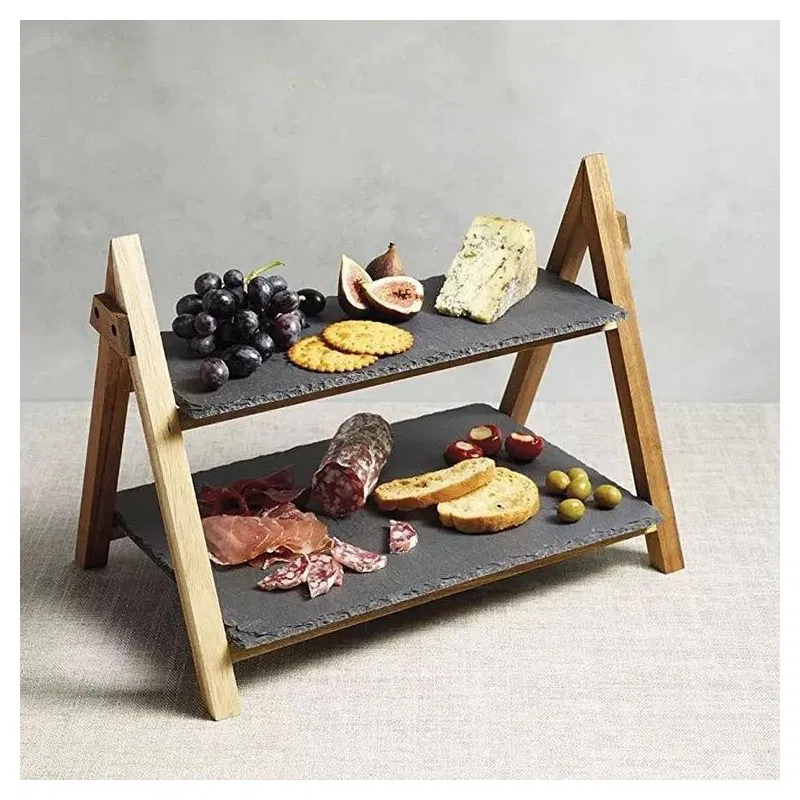 Support / présentoir buffet à étages ardoise / bois